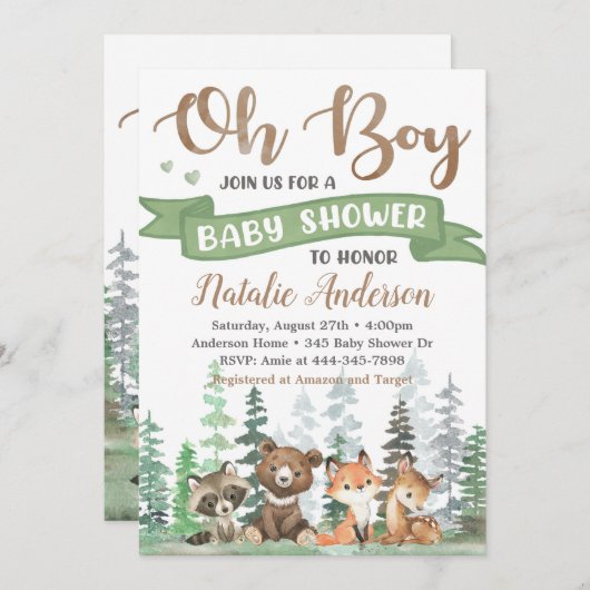 Uitnodiging voor Woodland Animals Baby Shower (Voorkant / Achterkant)