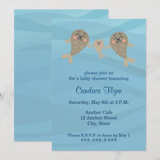 Uitnodiging voor zeehonden babyshower (Voorkant / Achterkant)