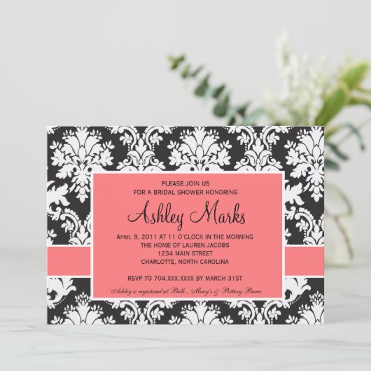 Uitnodiging voor zwart-wit en koraal Damask (Staand voorkant)