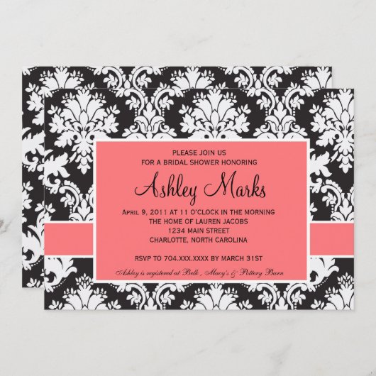Uitnodiging voor zwart-wit en koraal Damask (Voorkant / Achterkant)