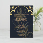 Uitnodiging voor zwarte en gouden bruiloft (Staand voorkant)