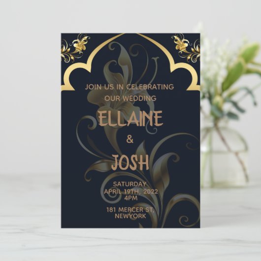 Uitnodiging voor zwarte en gouden bruiloft (Staand voorkant)