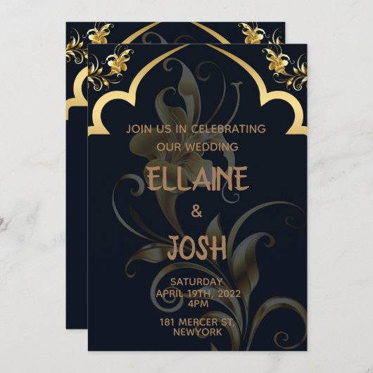 Uitnodiging voor zwarte en gouden bruiloft (Voorkant / Achterkant)