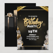 Uitnodiging voor zwarte en gouden verjaardag (Voorkant / Achterkant)