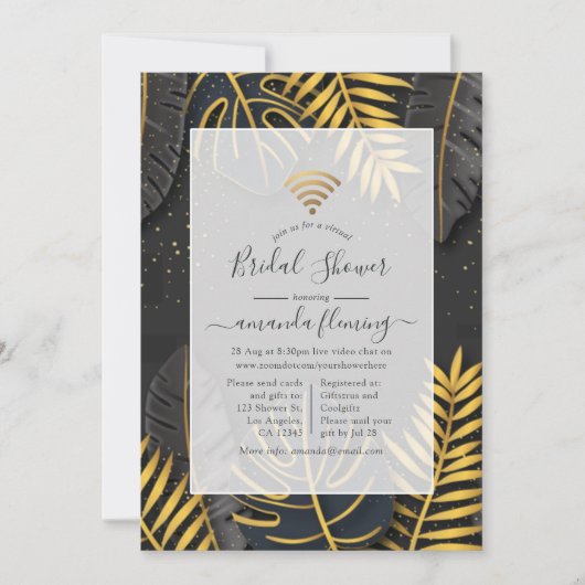 Uitnodiging voor zwarte en goudtropische virtuele  (Voorkant)