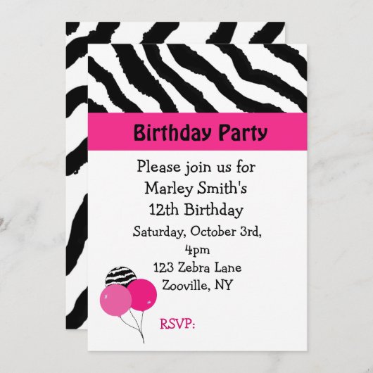 Uitnodiging voor zwarte en roze Zebra (Voorkant / Achterkant)