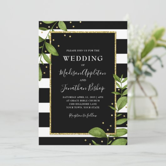 Uitnodiging voor zwarte en witte botanische bruilo (Staand voorkant)