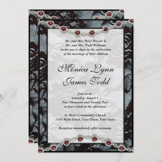 Uitnodiging voor zwarte kant en Rubies bruiloft (Voorkant / Achterkant)