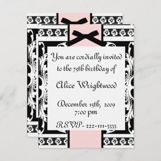 Uitnodiging voor zwarte, witte en roze feestdag (Voorkant / Achterkant)