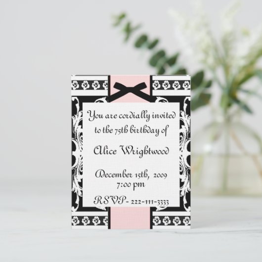 Uitnodiging voor zwarte, witte en roze feestdag (Staand voorkant)