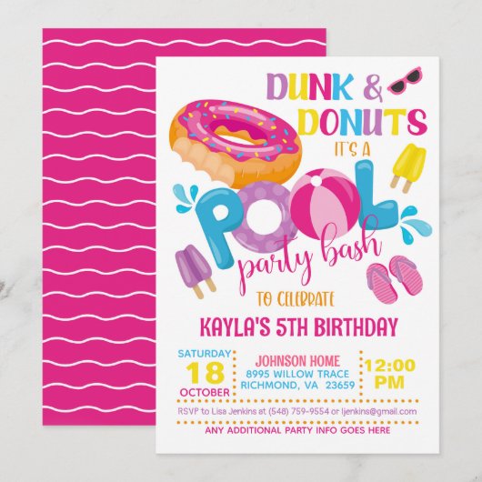Uitnodiging voor zwembadfeest met Dunk & Donuts (Voorkant / Achterkant)