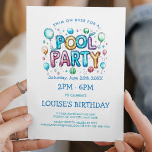 Uitnodiging voor zwembadfeest met kleurrijke lette
