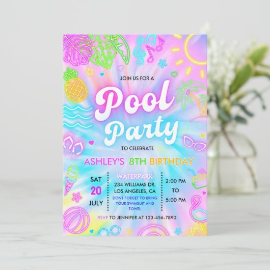 Uitnodiging voor zwembadfeest, Zomer Glow neon Zwe (Staand voorkant)