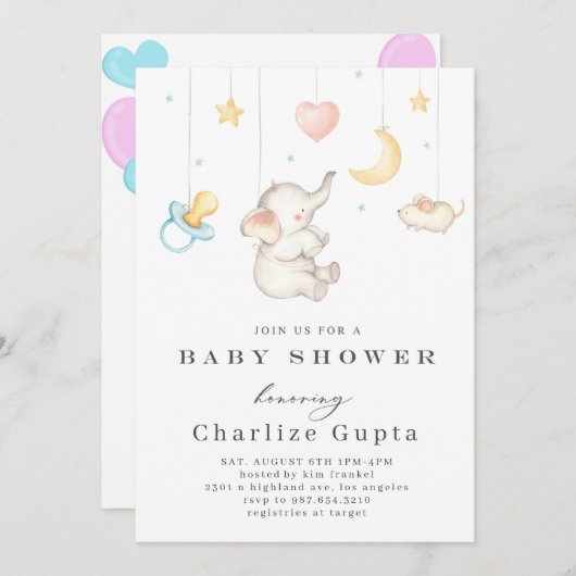 Uitnodiging Waterverf Baby shower Elephant (Voorkant / Achterkant)