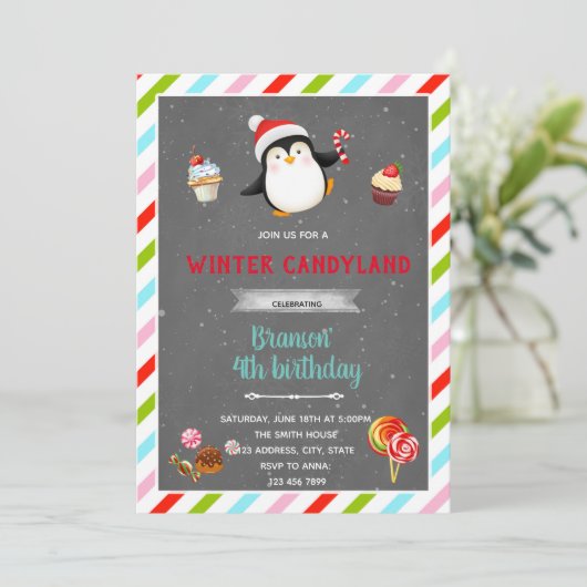Uitnodiging winter snoepparadijs thema (Staand voorkant)
