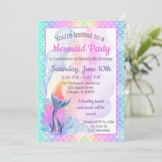 Uitnodiging Zeemeermin Regenboog Feest (Staand voorkant)