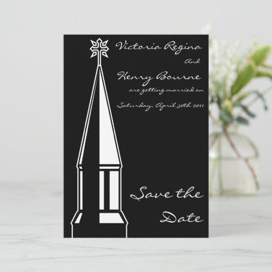 Uitnodiging Zwart Kerk Toren Save the Date (Staand voorkant)