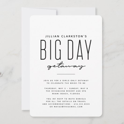 Uitnodiging zwart-wit vrijgezellenreis bruidsfeest (Voorkant)