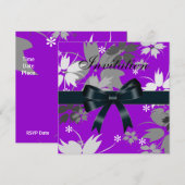 Uitnodiging Zwarte Bow Paarse Floral (Voorkant / Achterkant)
