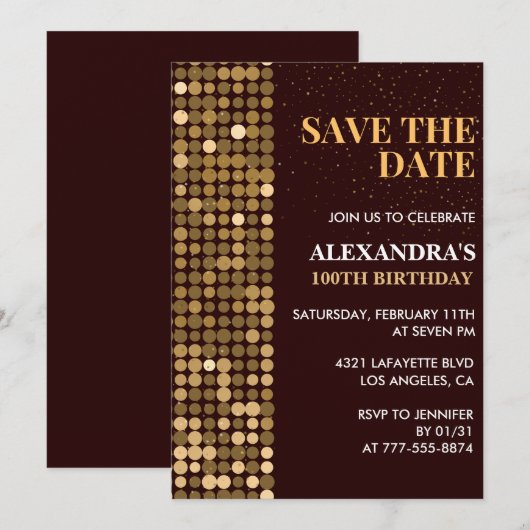 Uitnodigingen 100e verjaardag Save the date Goud (Voorkant / Achterkant)
