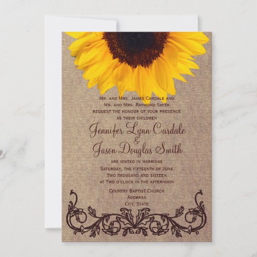 Uitnodigingen op het Rustic Country Sunflower Wedd (Voorkant)