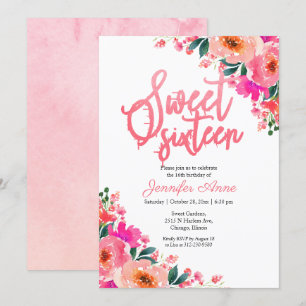 Uitnodigingen Sweet 16 Roze Bloemen