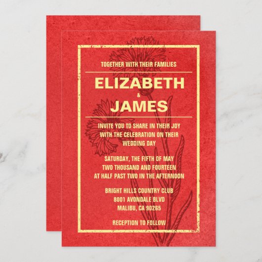 Uitnodigingen tot Rustische  Rood- en Goudbruiloft (Voorkant / Achterkant)