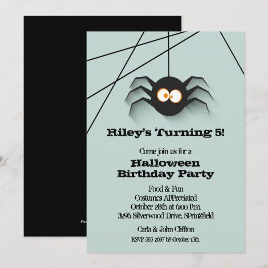 Uitnodigingen van Black Spider Halloween Birthday (Voorkant / Achterkant)