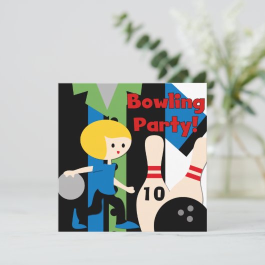 Uitnodigingen van Blond Boy Bowling Party (Staand voorkant)