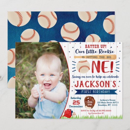 Uitnodigingen van de Baseball Birthday Party (Voorkant / Achterkant)