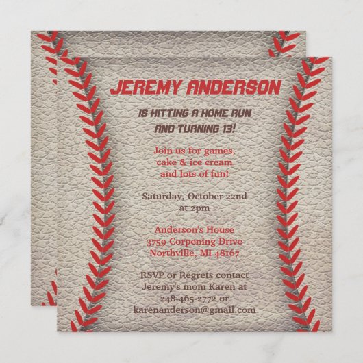 Uitnodigingen van de Baseball Party (Voorkant / Achterkant)