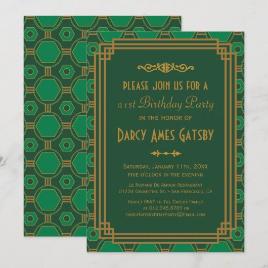 Uitnodigingen van de Groene Kunst Deco Birthday Pa (Voorkant / Achterkant)