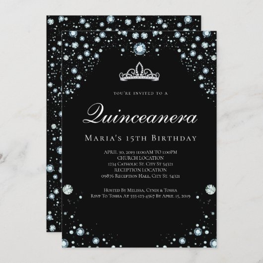 Uitnodigingen van het Zwarte en Diamond Quinceaner (Voorkant / Achterkant)