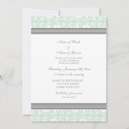 Uitnodigingen van Mint Grey Damask Engagement Part (Voorkant)