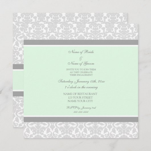Uitnodigingen van Mint Grey Damask Engagement Part (Voorkant / Achterkant)