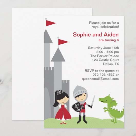 Uitnodigingen van prinses en Knight Birthday (Voorkant / Achterkant)