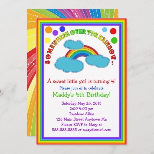 Uitnodigingen van Rainbow Birthday Party (Voorkant / Achterkant)