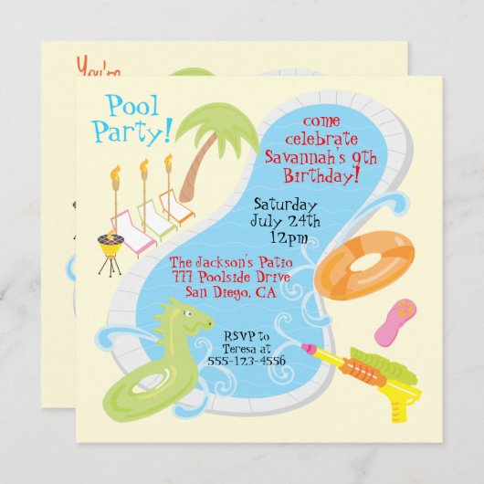 Uitnodigingen van Retro Pool Party (Voorkant / Achterkant)