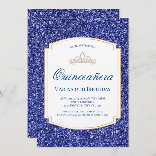 Uitnodigingen van Royal Blue Glitter Quinceañera (Voorkant / Achterkant)
