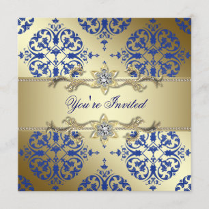 Uitnodigingen van Royal Blue Gold Damask Party