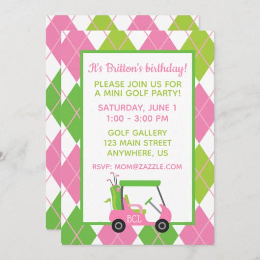 Uitnodigingen van roze en groene Golf op persoonli (Voorkant / Achterkant)