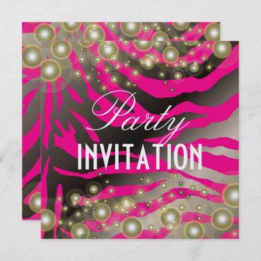 Uitnodigingen van zebra, champagnebubbels (Voorkant / Achterkant)