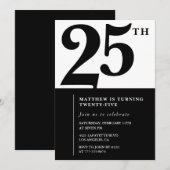 Uitnodigingen voor 25e verjaardag Zwart Wit Elegan (Voorkant / Achterkant)