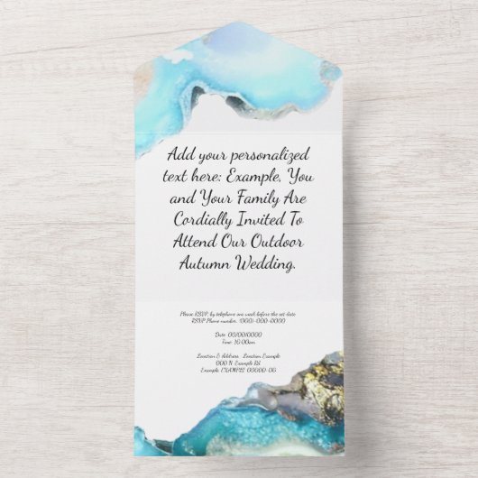 Uitnodigingen voor blauwe en gouden geode bruiloft (Binnen)