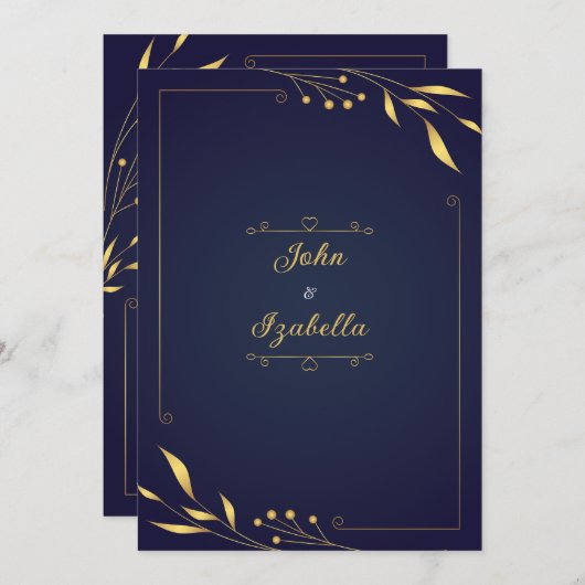 Uitnodigingen voor bruiloft in goud en marinesurfb (Voorkant / Achterkant)