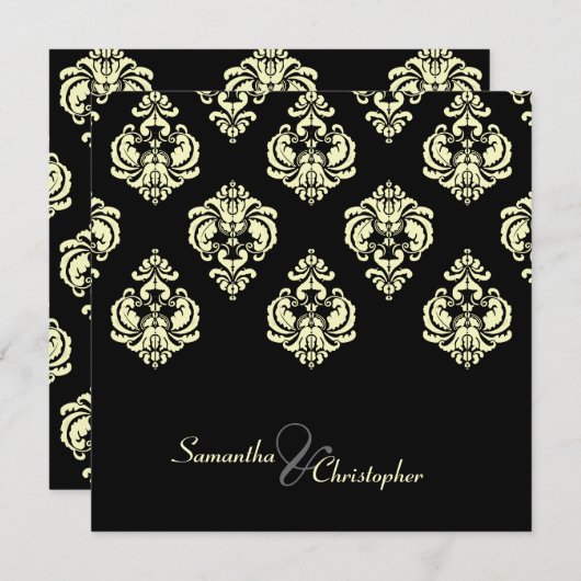 Uitnodigingen voor crème-Damask/zwarte bruiloft (Voorkant / Achterkant)
