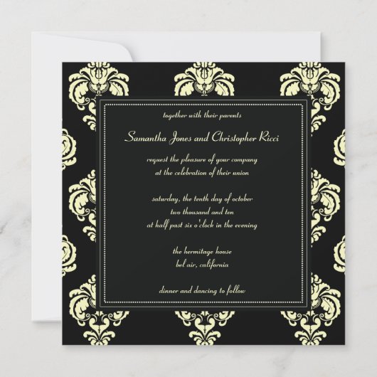Uitnodigingen voor crème-Damask/zwarte bruiloft (Achterkant)