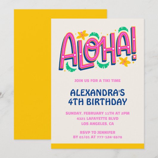 Uitnodigingen voor de 4e verjaardag Tropical Aloha (Voorkant / Achterkant)