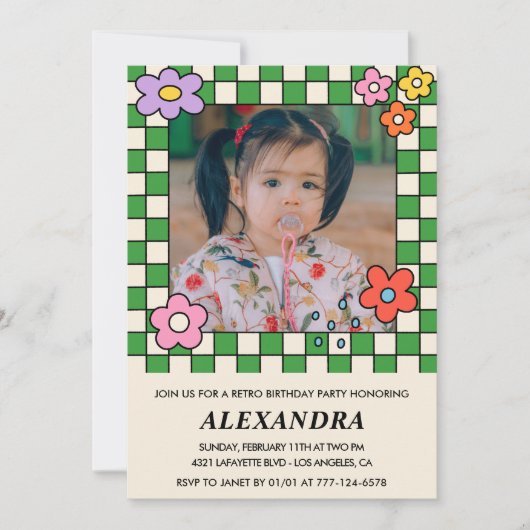 Uitnodigingen voor de 7e verjaardag Retro Groovy F (Voorkant)