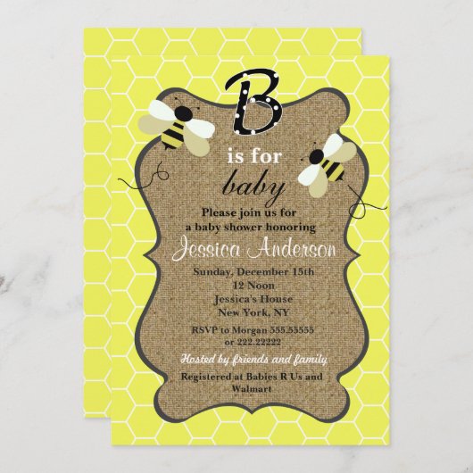 Uitnodigingen voor de Bee and Burlap Baby Shower (Voorkant / Achterkant)